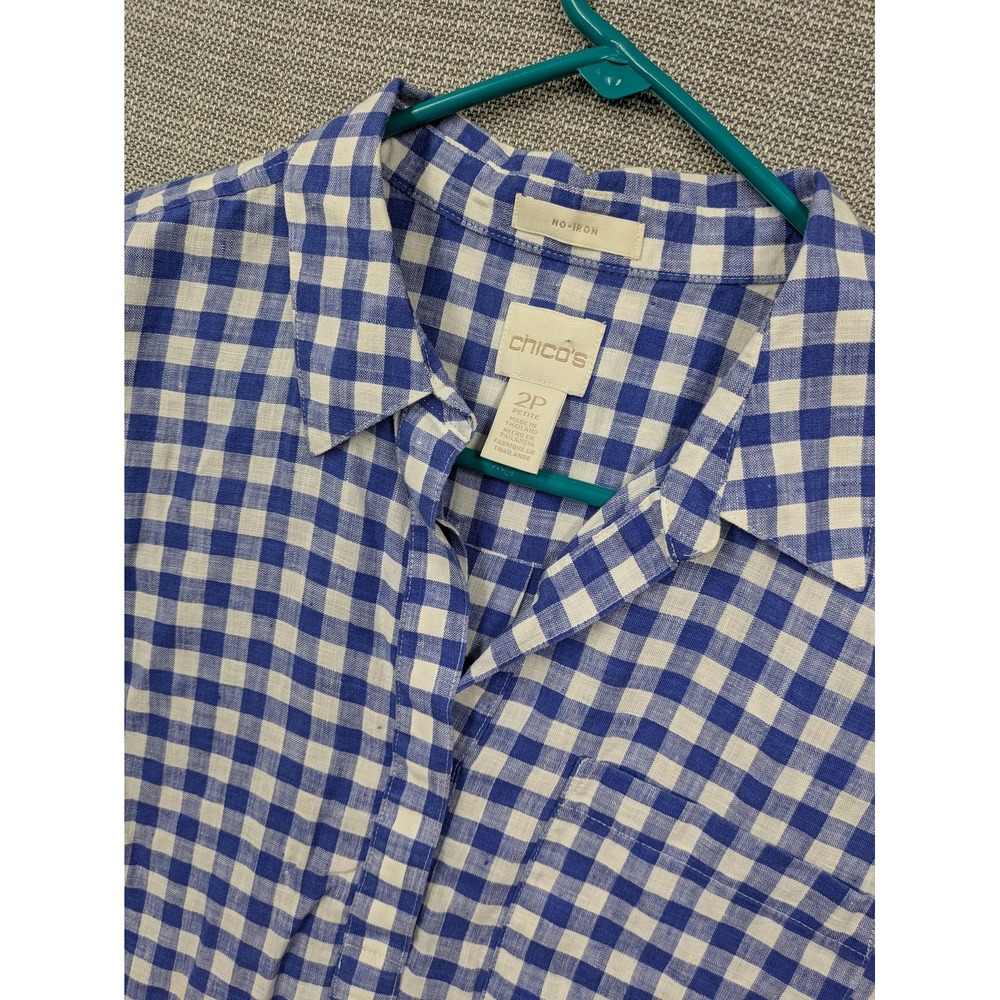 Chicos Shirt Womens 2P Blue White Check Linen No Iron 3/4 Sleeve Pocket Top